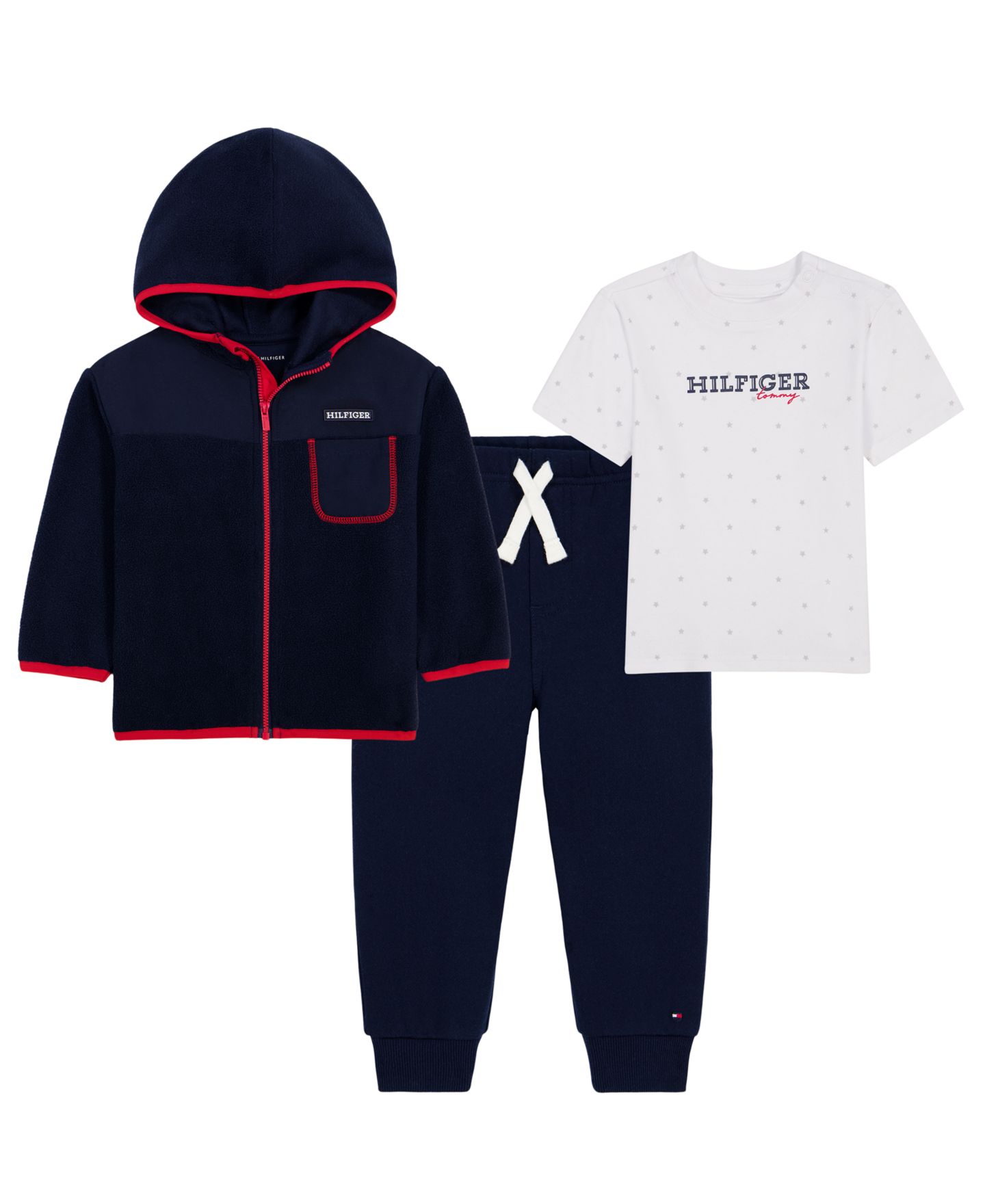 Комплекты Tommy Hilfiger Hooded Full-Zip Jacket, T-Shirt and Jogger Pants, 3-Piece Set для мальчиков-малышей, цвет: Тёмно-синий / Белый — фото 1