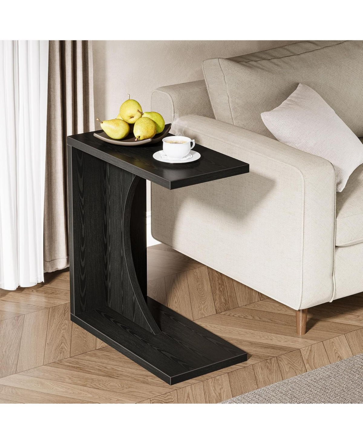 Tribesigns C-Shaped End Table beside sofa - Black
