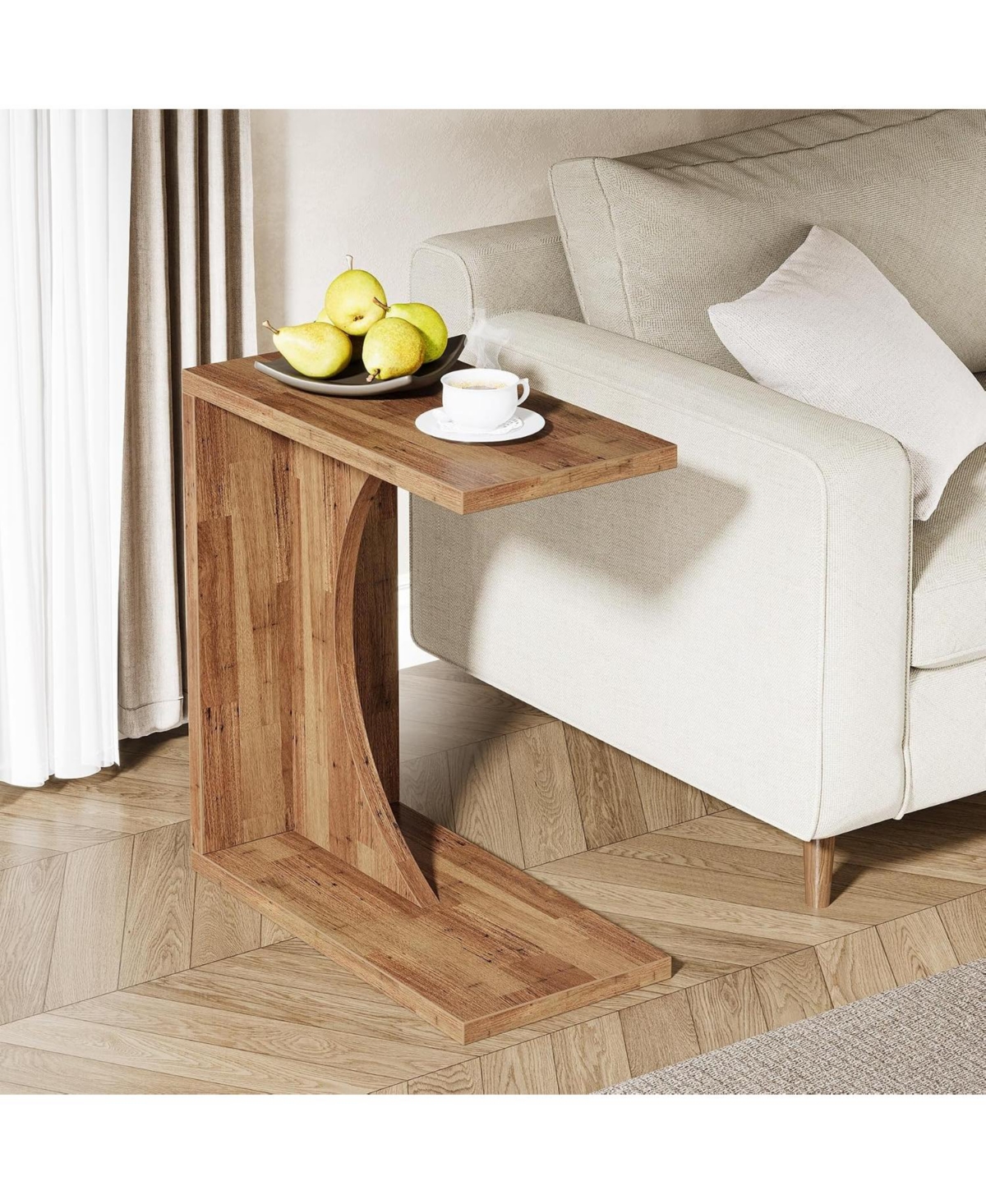 Tribesigns C-Shaped End Table beside sofa - Walnut brown