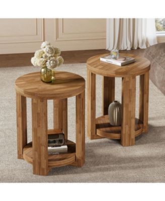 Set of 2 Round Side Table, 2-Tier Storage