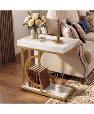 Narrow Side Table for Couch, C Shaped End Table with Metal Frame