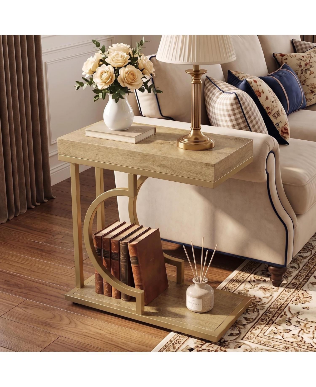 Tribesigns Narrow Side Table for Couch, C Shaped End Table with Metal Frame - Light brown  gold
