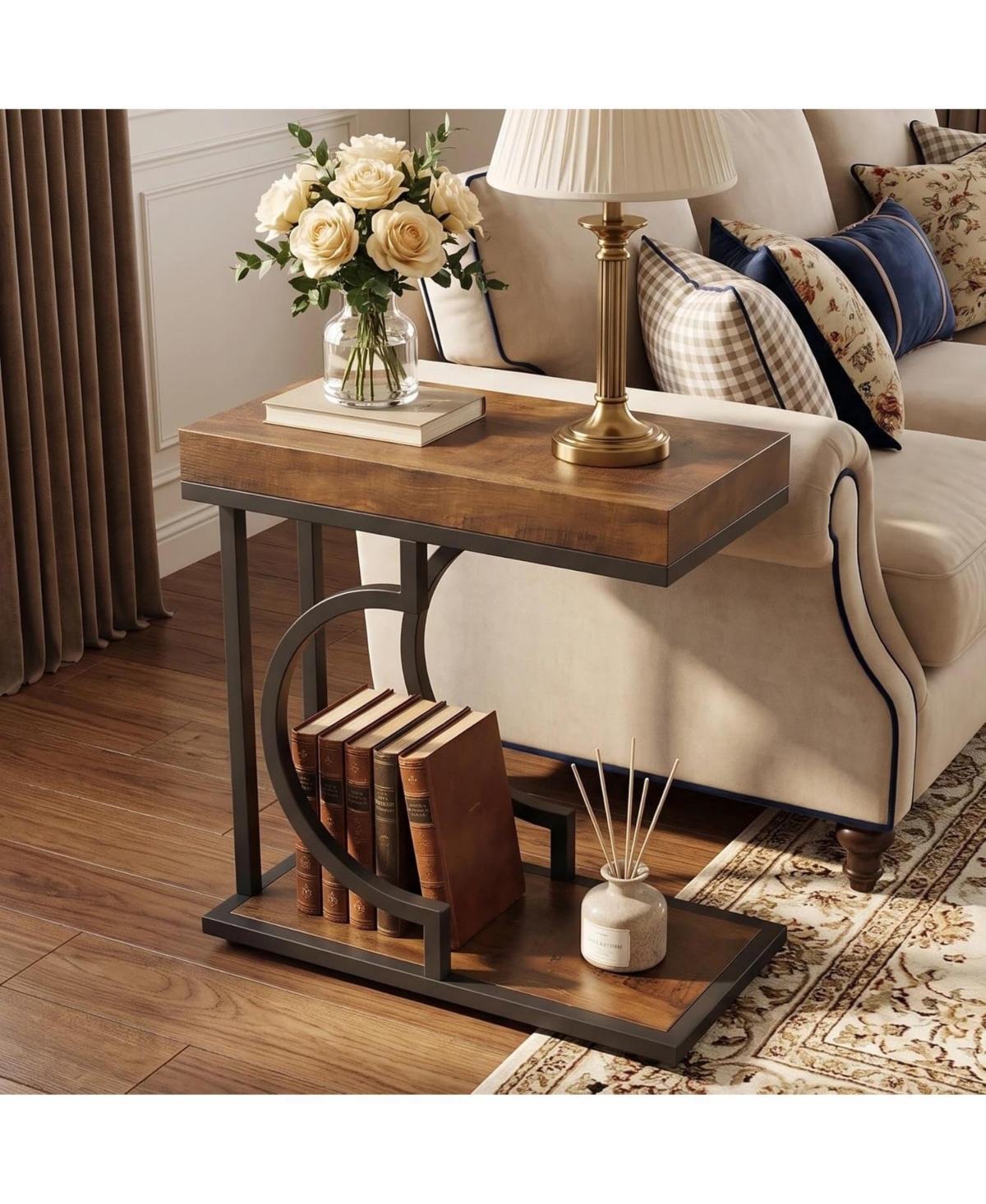 Tribesigns Narrow Side Table for Couch, C Shaped End Table with Metal Frame - Brown  black