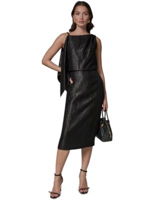 Women's Crinkle Satin Square Neck Midi Sheath Dress