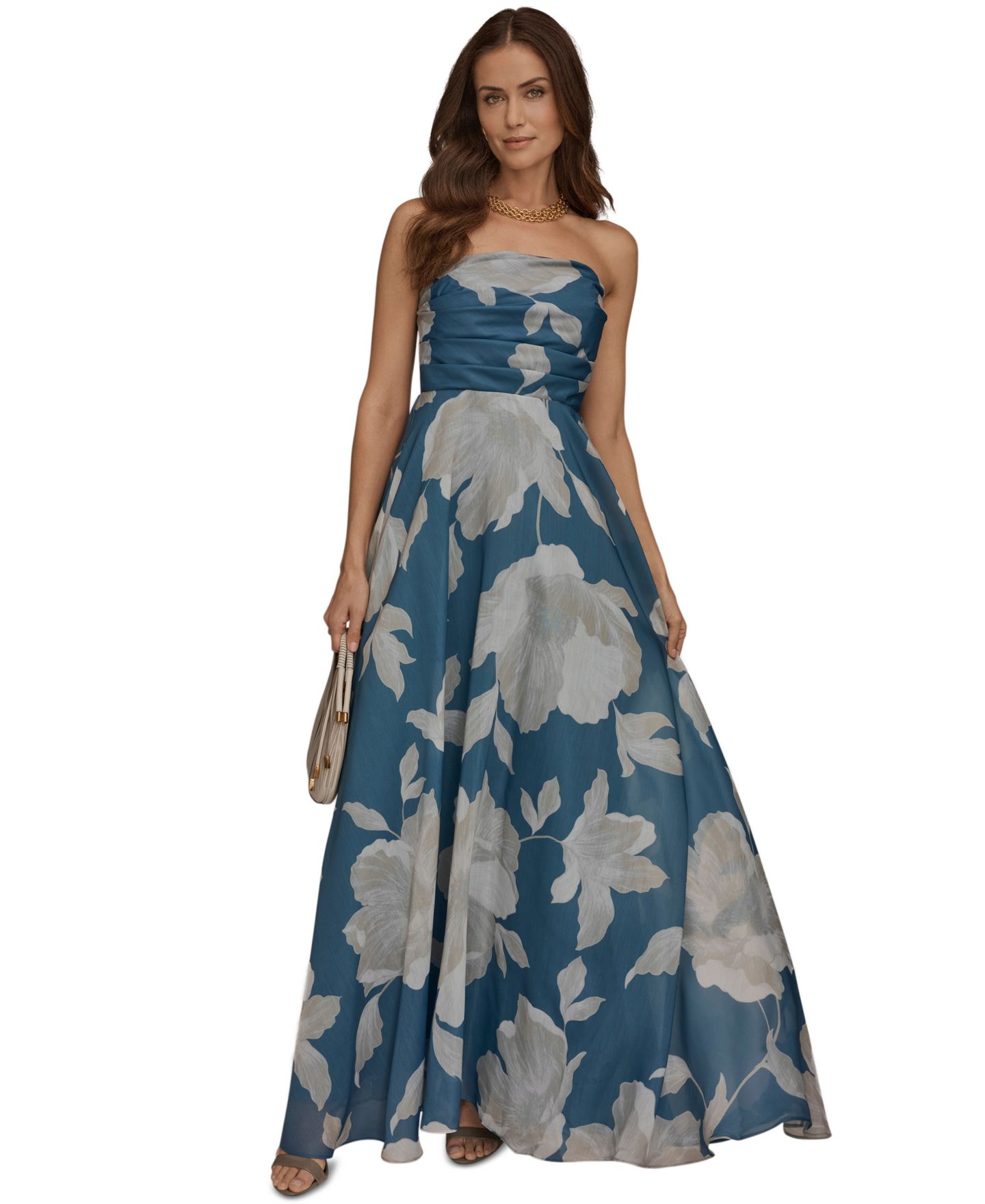Женское платье Donna Karan New York Strapless Floral Organza Gown, цвет: Потёртый индиго — фото 1