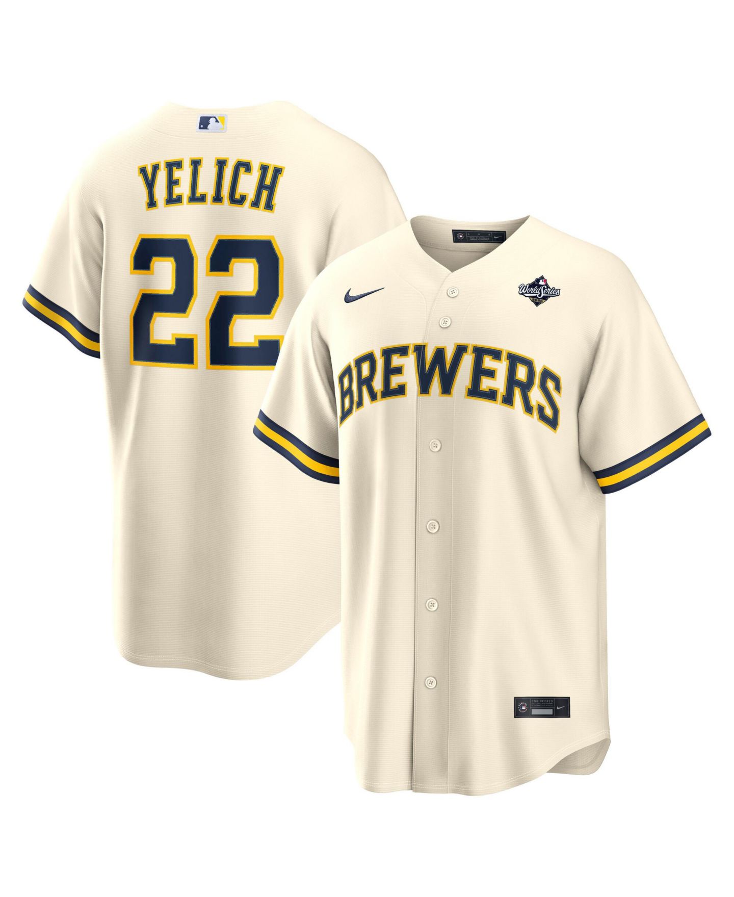 Мужской топ Nike Christian Yelich Cream Milwaukee Brewers 2026 World Series Participant Replica Jersey — фото 1