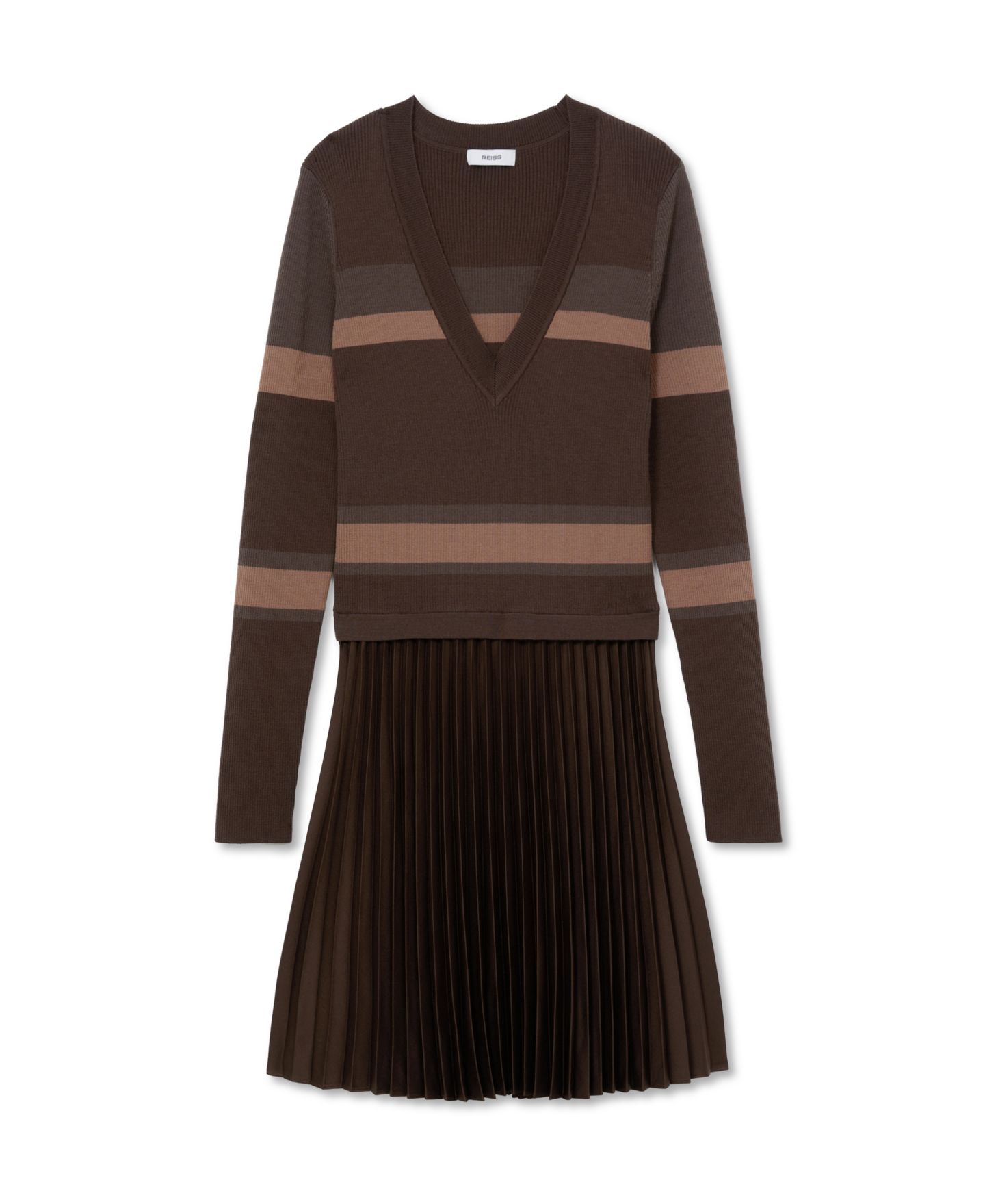 Женское платье REISS V-Neck Long-Sleeve Striped Wool-Blend Sweater Dress, цвет: Шоколадный — фото 4