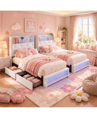 Twin Velvet Bed Frame Set with Storage, LED Lights, Charging Station, Rolling Drawers & Remote/App Control