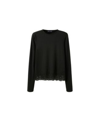 Women's Lace Trim Long-Sleeve Crewneck T-Shirt