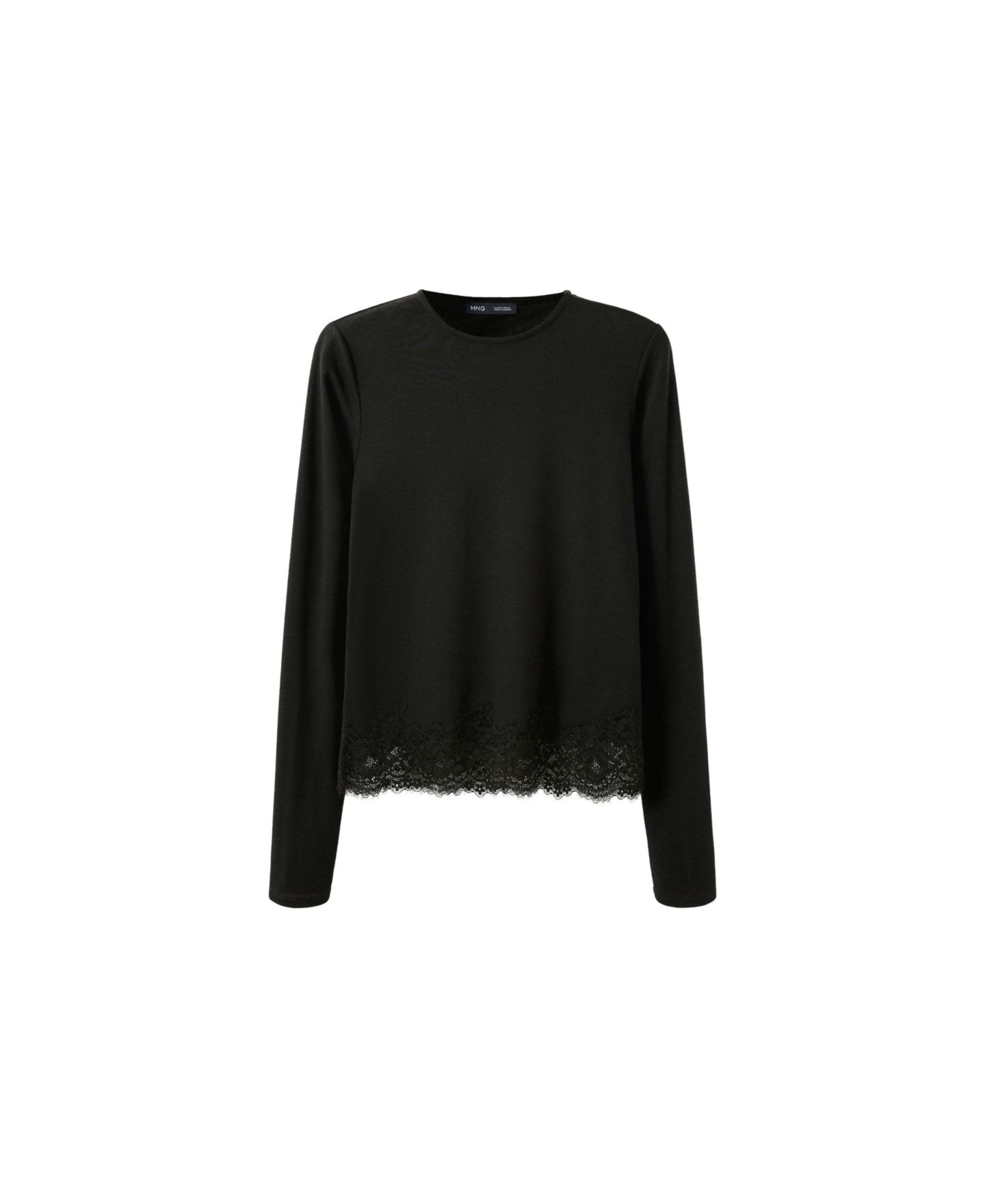 Женская футболка Mango Lace Trim Long-Sleeve Crewneck, цвет: Чёрный — фото 1