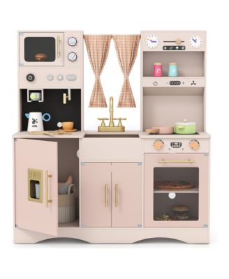Kids Wooden Play Kitchen with Microwave and Coffee Maker