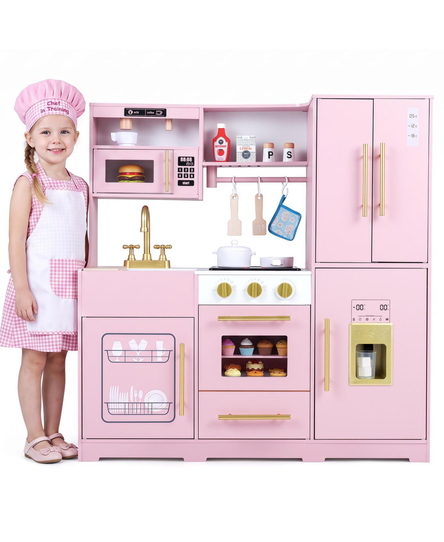 Детская игрушка Costway Wooden Play Kitchen with Realistic Lights and Sounds, от 3 лет, цвет: Розовый — фото 11