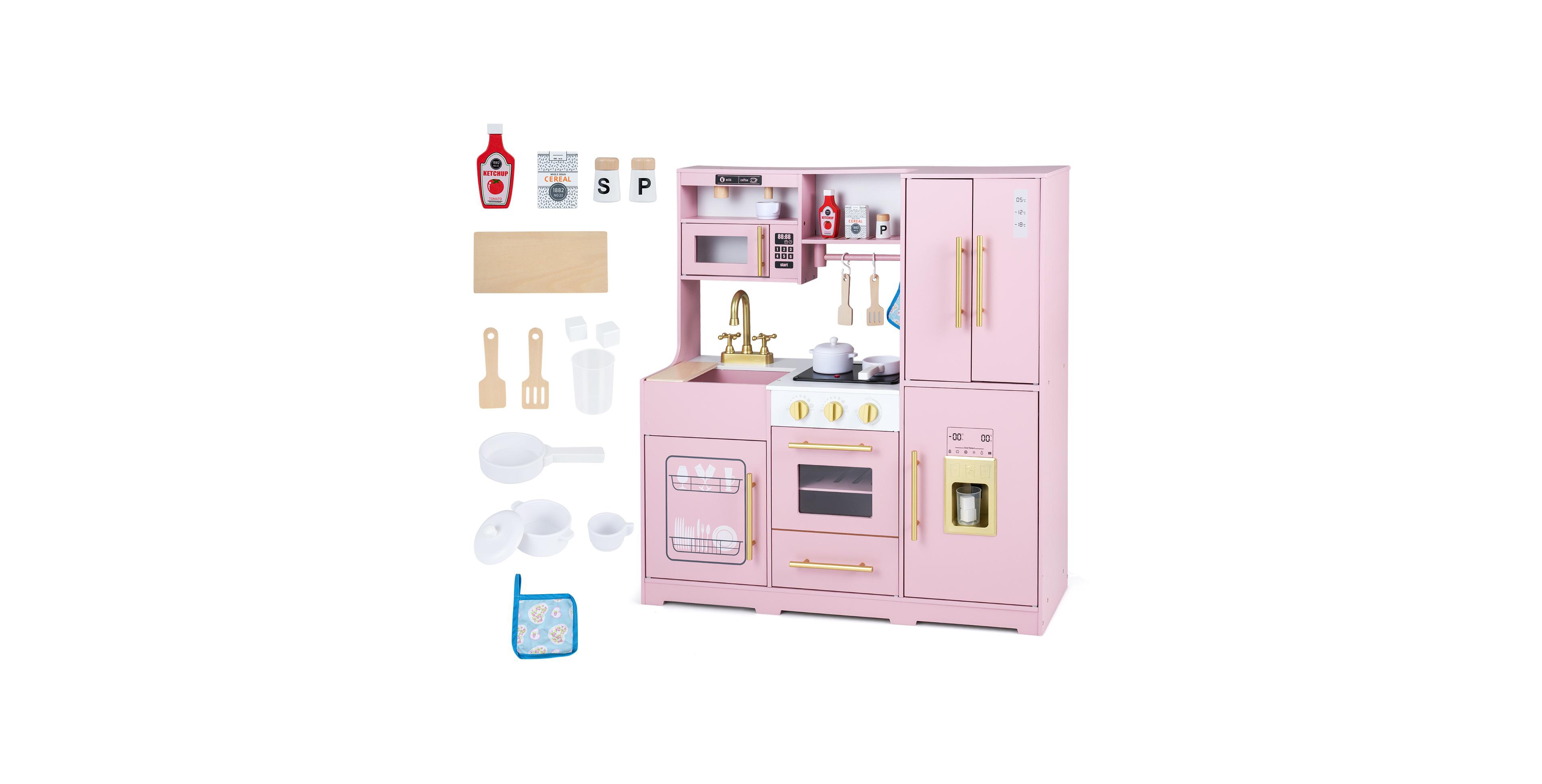 Costway Wooden Play Kitchen with Realistic Lights and Sounds, Ages 3+