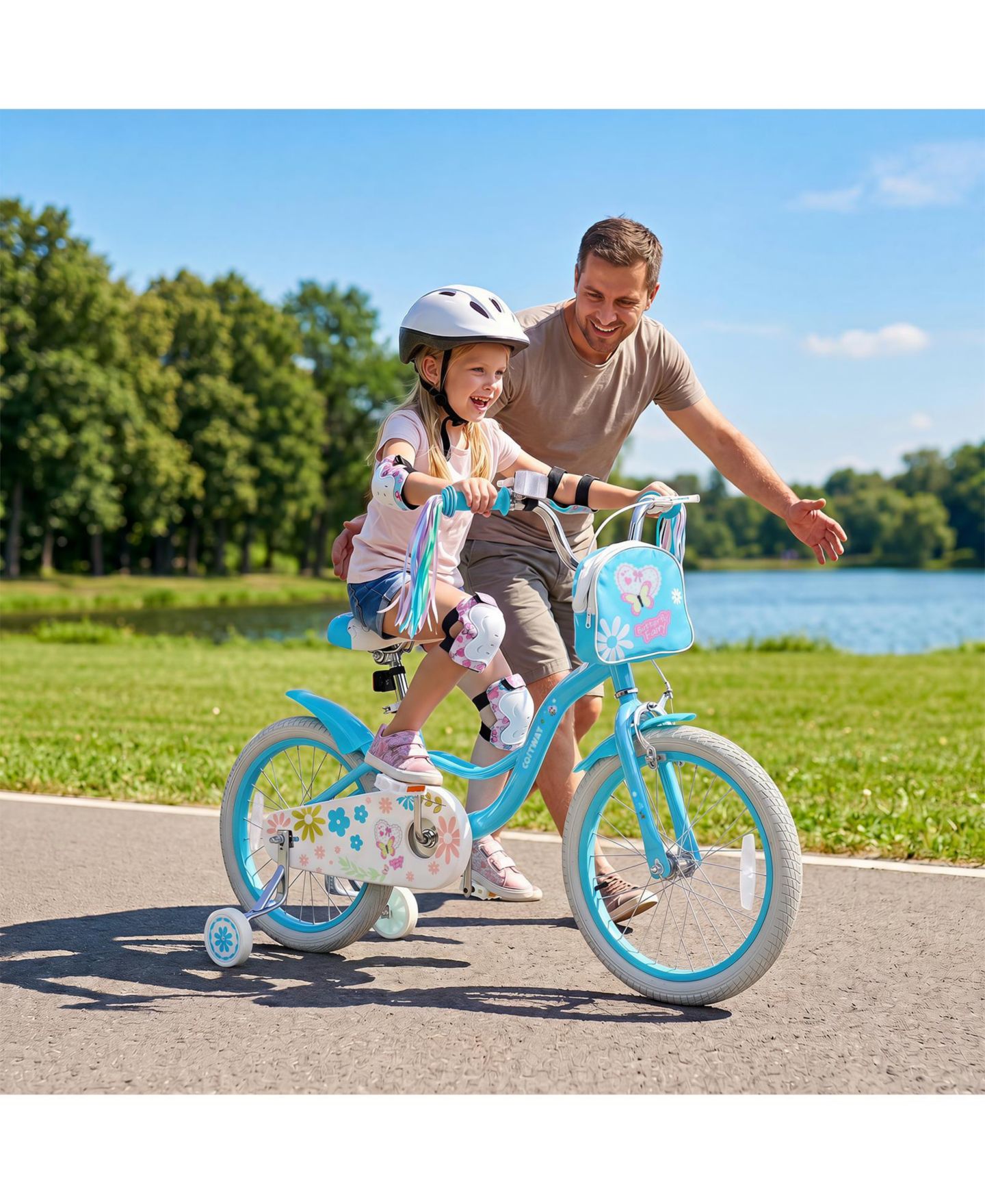 Детские игрушки Costway Girls 18" Bike with Front Bag, Training Wheels, 4–8 лет, цвет: Синий — фото 5