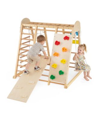 8-in-1 Foldable Wooden Indoor Jungle Gym with Swing and Monkey Bars, Ages 3+