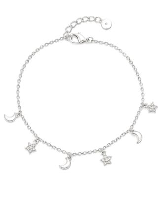 Clear Cubic Zirconia Moon & Star Anklet in Silver Plate