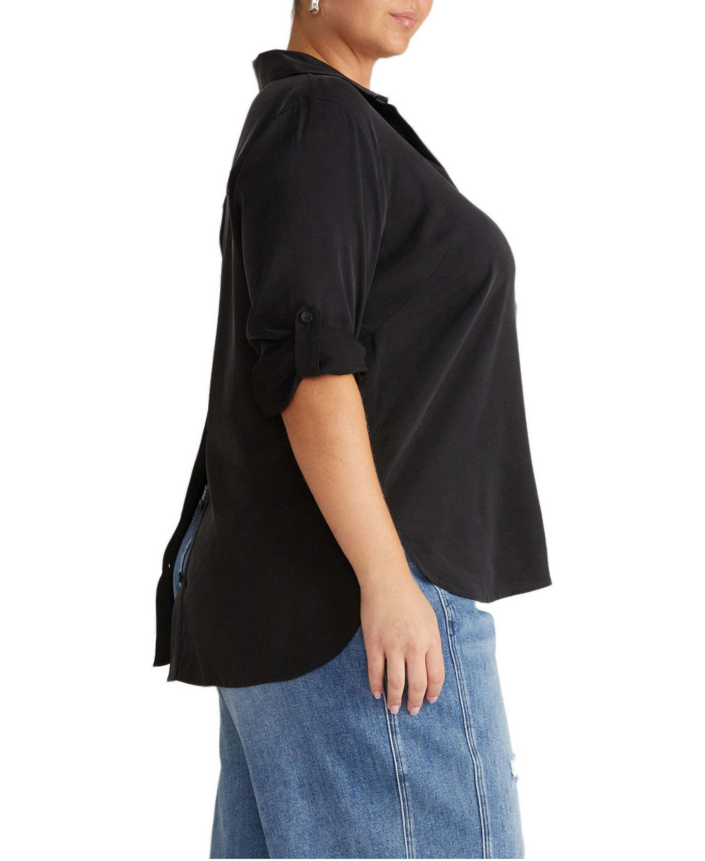 Женское поло Universal Standard Plus Size Cupro-Blend Long-Sleeve Split V-Neck High-Low Polo, цвет: Чёрный — фото 2