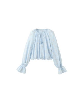 Women's Corgi Floral-Print Cropped Long-Sleeve V-Neck Blouse