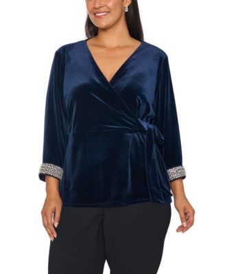 Plus Size V-Neck Faux-Wrap 3/4-Sleeve Top