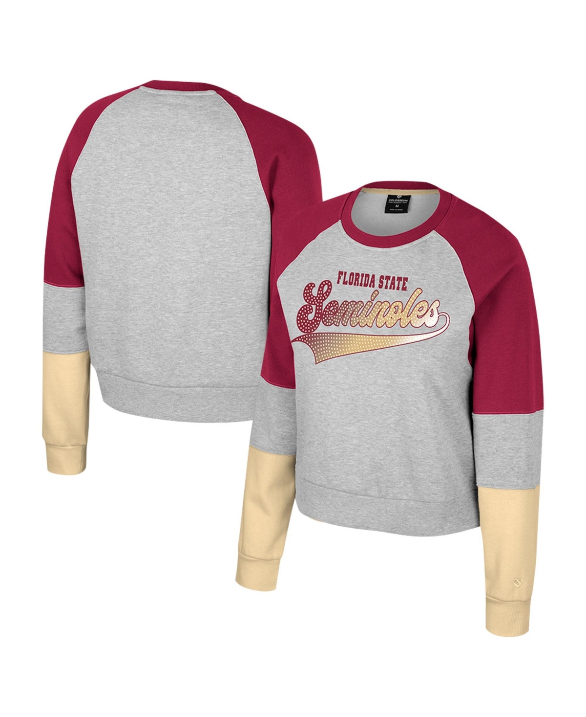 Colosseum Women's Heather Gray Florida State Seminoles Katinka Rhinestone Scoop Neck Pullover Sweatshirt - Heather Gray