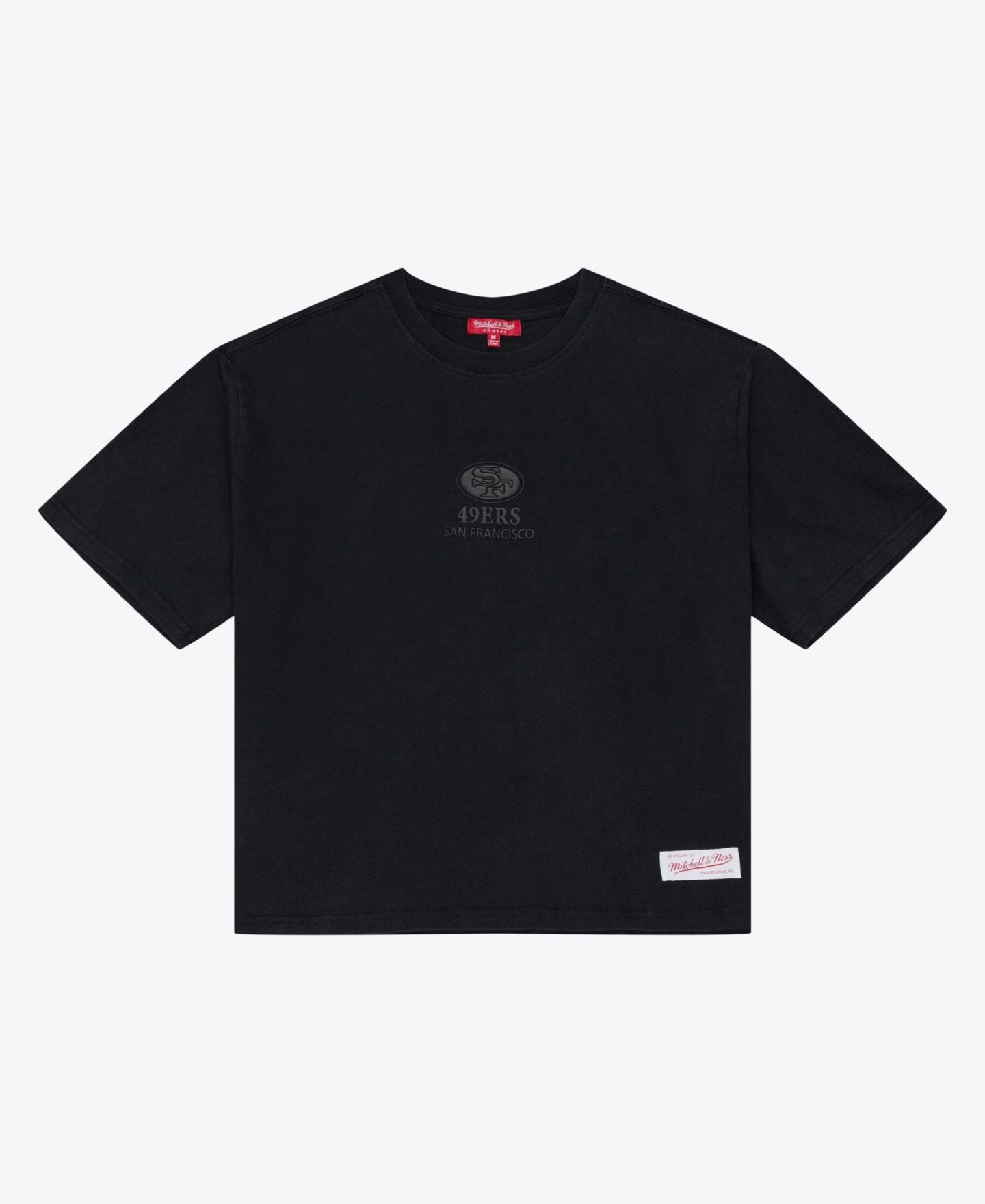 Женская футболка Mitchell & Ness Black San Francisco 49ers Core Essentials Micro Logo Boxy Crop — фото 2