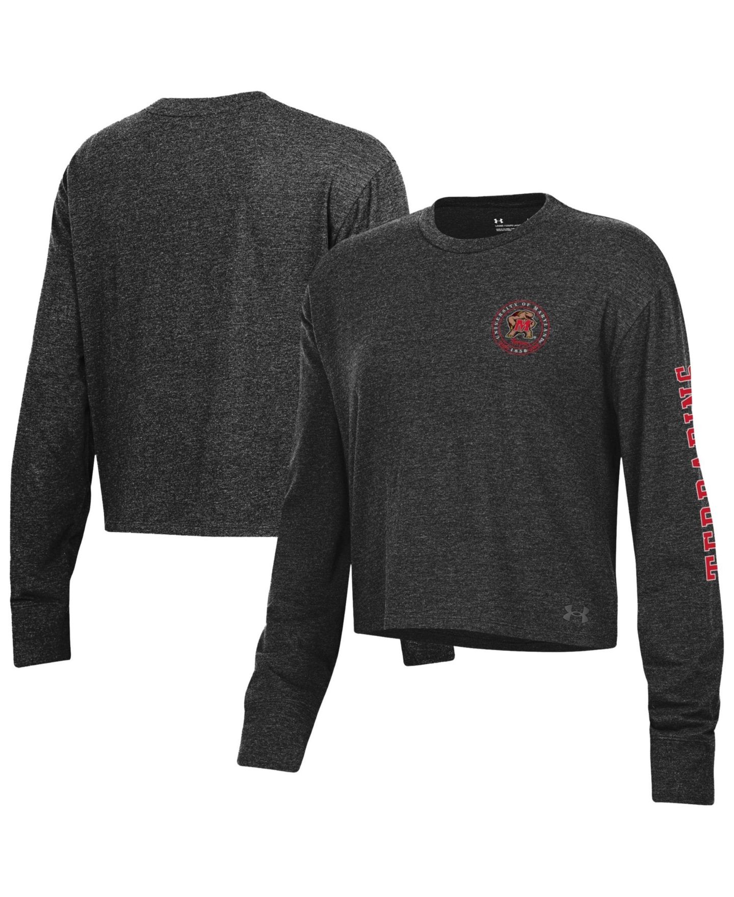 Женский топ Under Armour Black Maryland Terrapins Icon Sleeve Two-Hit Long-Sleeve Crop — фото 1