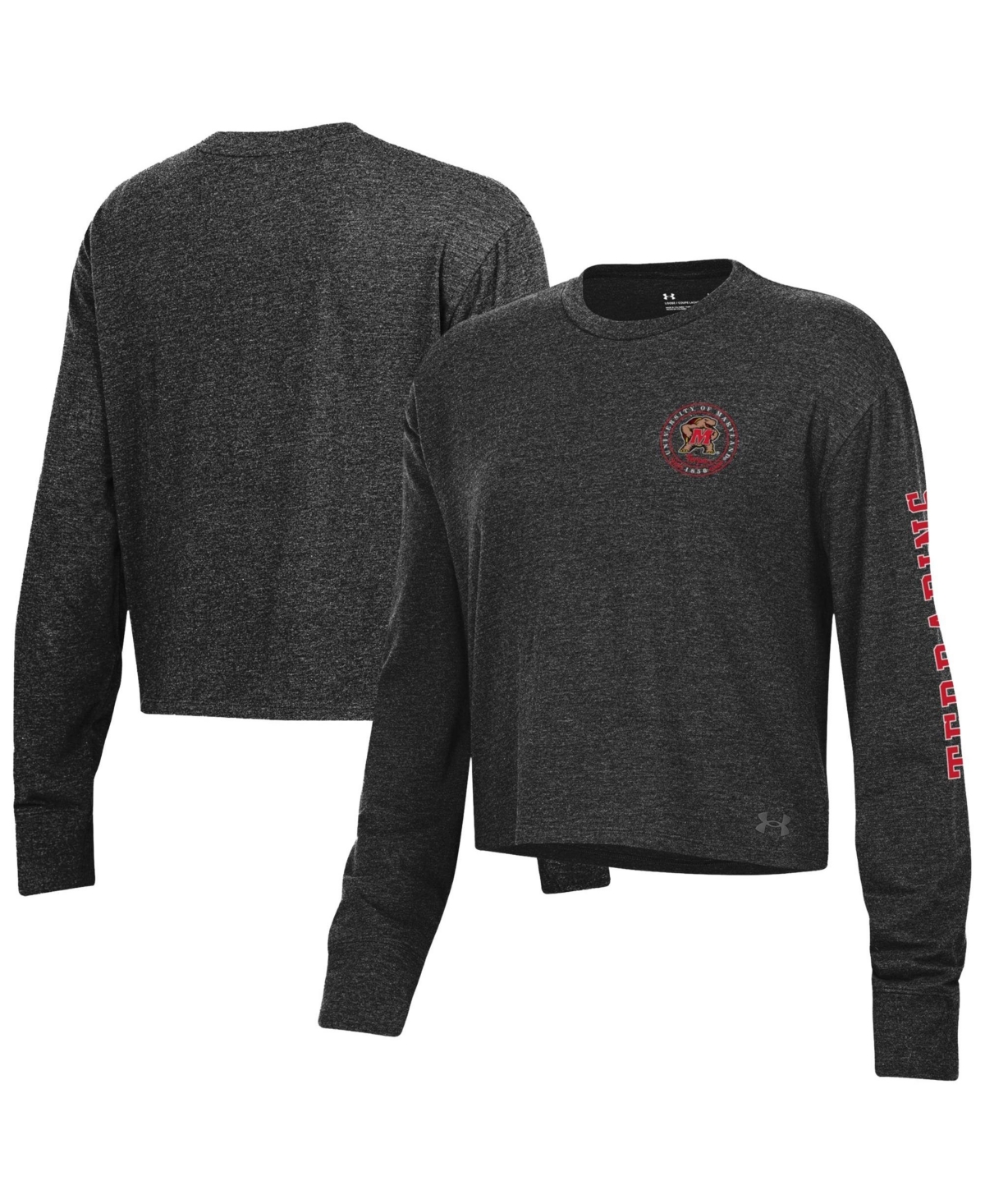 Under Armour Women's Black Maryland Terrapins Icon Sleeve Two-Hit Long-Sleeve Crop Top - Black