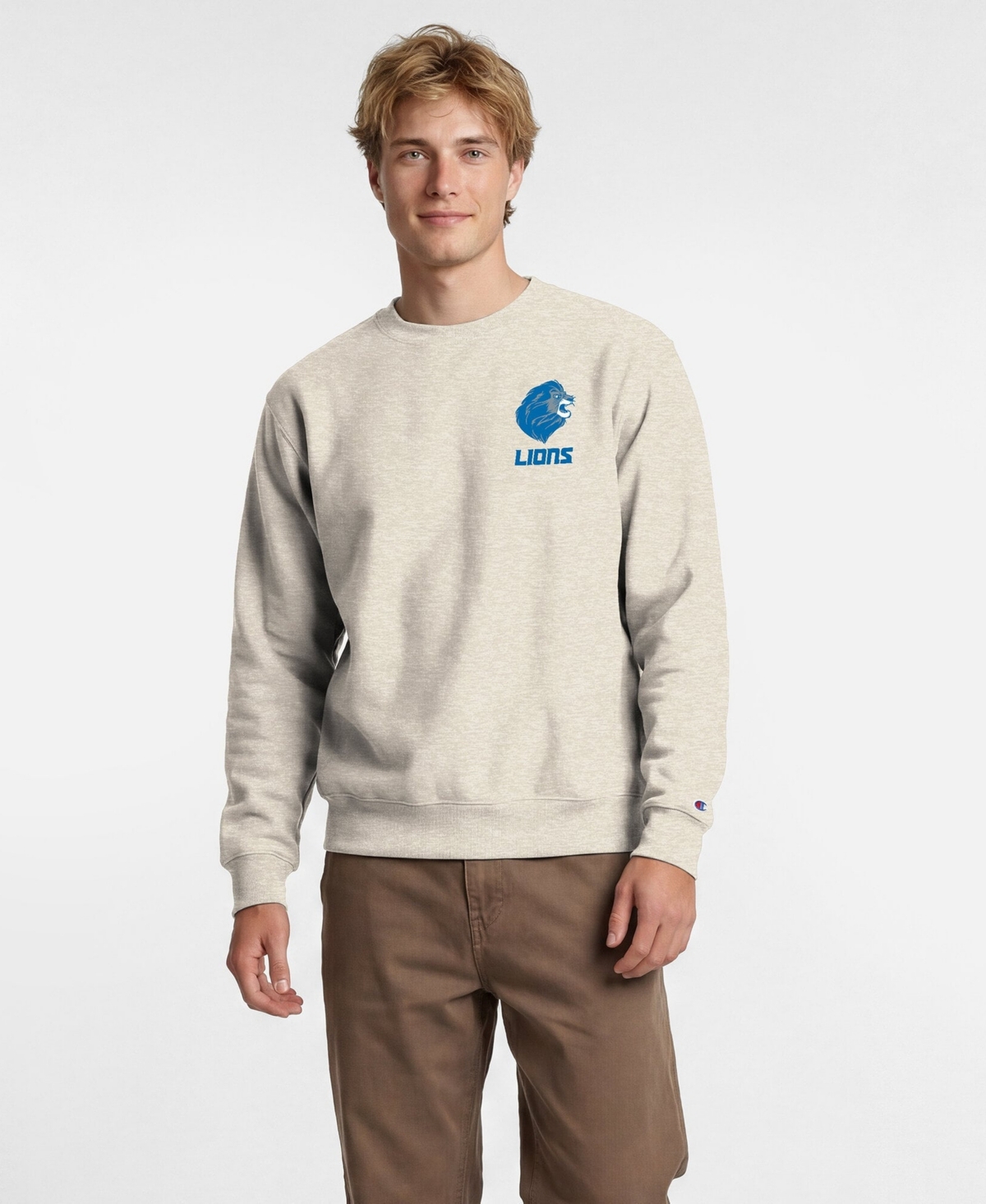 Champion Men's Disney x Oatmeal Detroit Lions Power blend Left Chest Fullback Crew Sweatshirt - Oatmeal