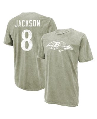 Men's Lamar Jackson Moss Green Baltimore Ravens Mineral Wash Name & Number T-Shirt