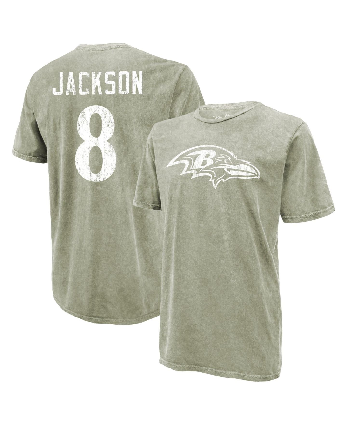 Мужская футболка Majestic Threads Lamar Jackson Moss Green Baltimore Ravens Mineral Wash Name & Number — фото 1