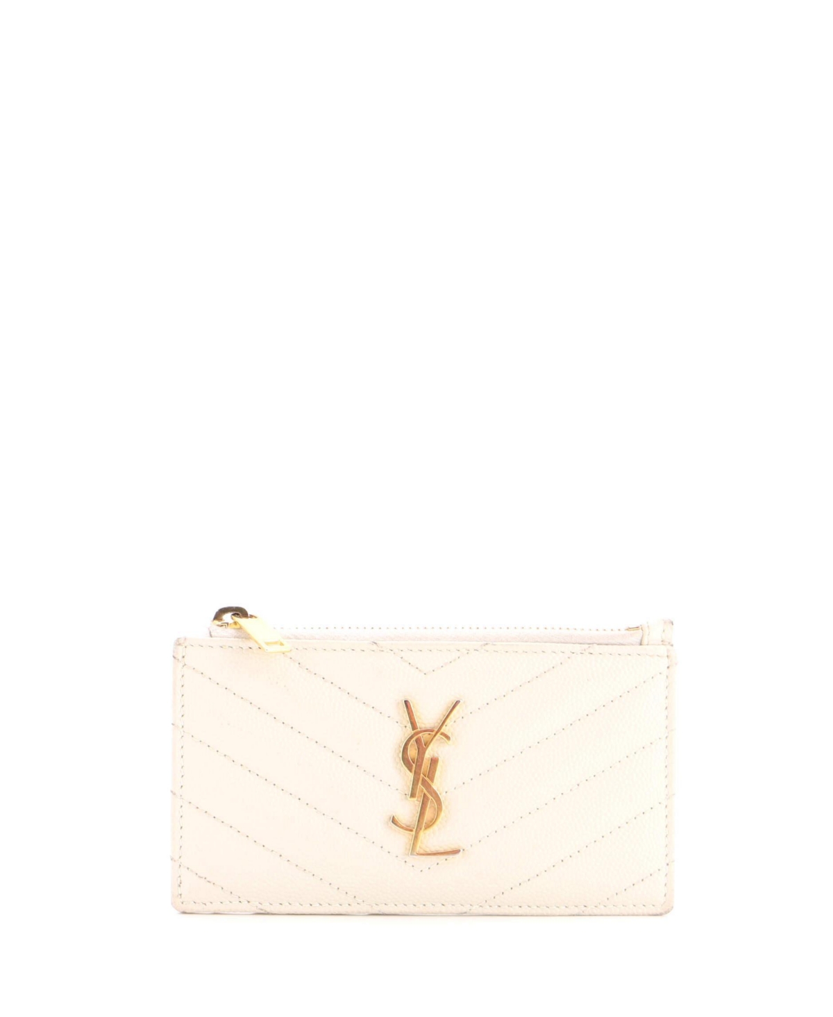 Pre-Owned Saint Laurent Monogram Fragments Zip Card Holder Matelasse Chevron Leather - White