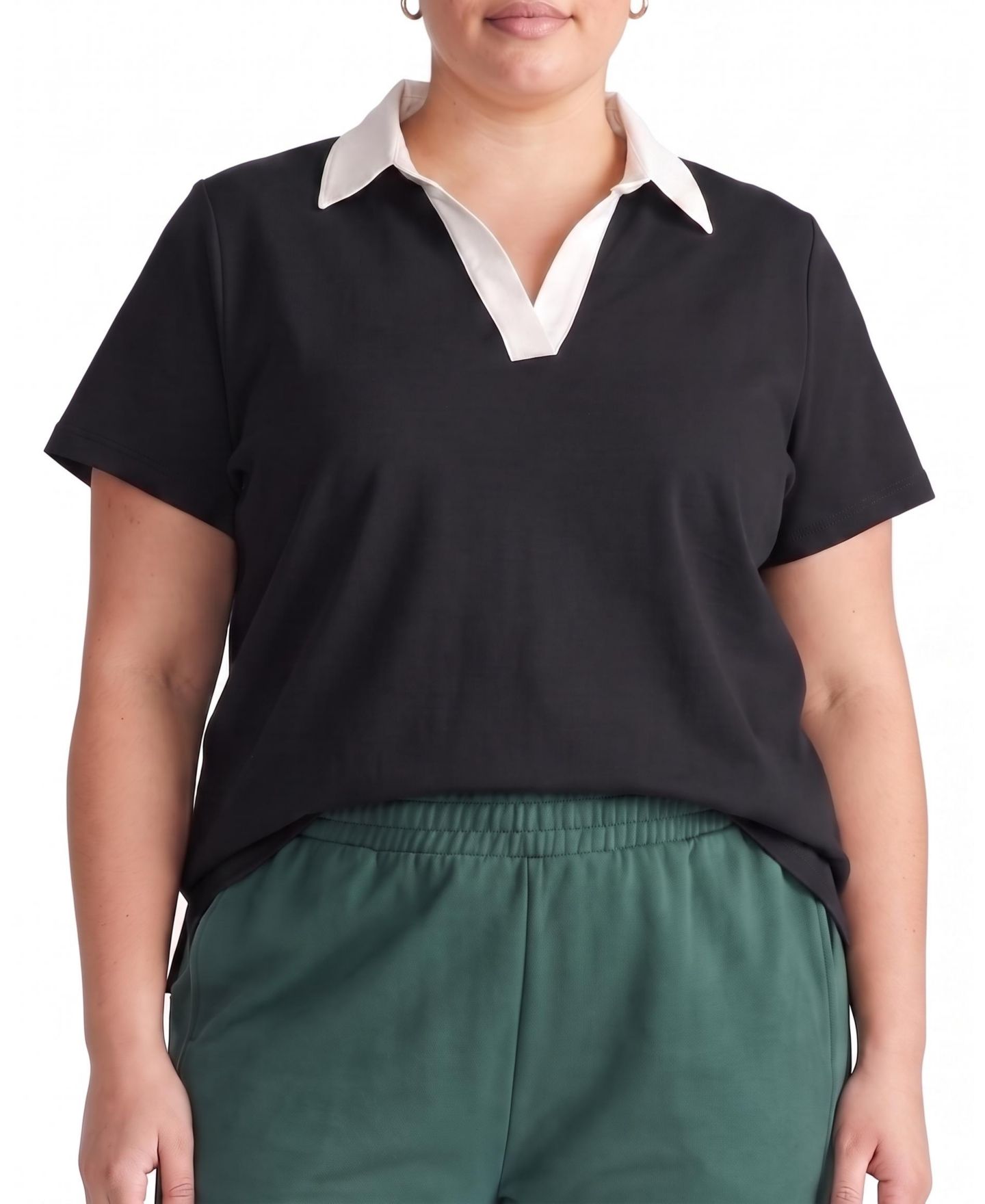 Женский топ Universal Standard Plus Size Varsity French Terry Short-Sleeve Polo, цвет: Чёрный / Белый — фото 1