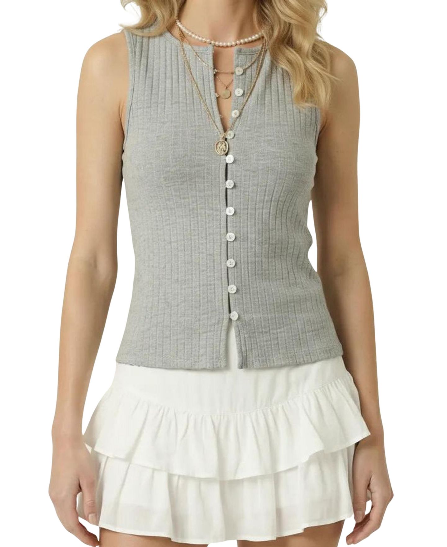 Женский топ Modenaire Ribbed Knit Off-Center Button-Front, цвет: Меланжевый серый — фото 1