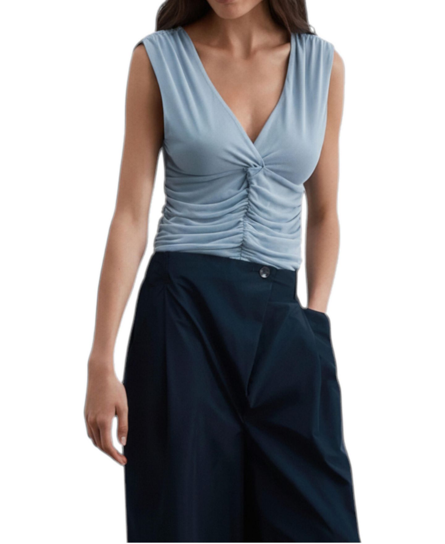 Женская футболка Scalpers Sleeveless V-Neck Front Ruched, цвет: Lightblue — фото 1