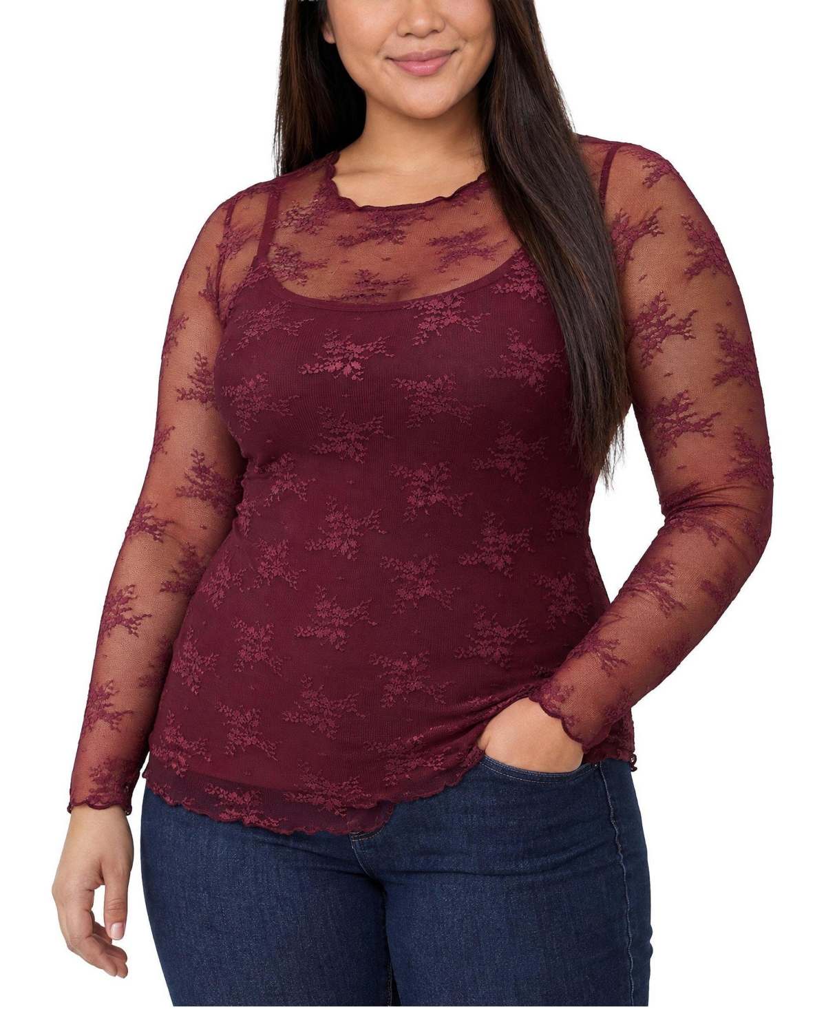 Torrid Plus Size Sheer Lace Crew Long Sleeve Top - Maroon banner