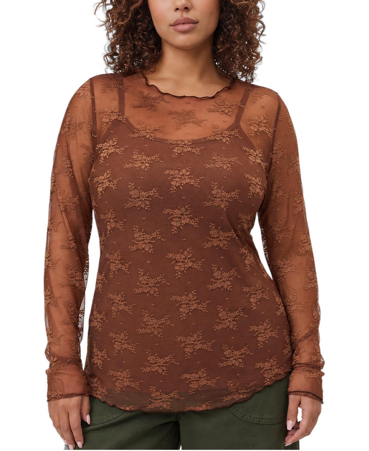 Torrid Plus Size Sheer Lace Crew Long Sleeve Top - Cappuccino