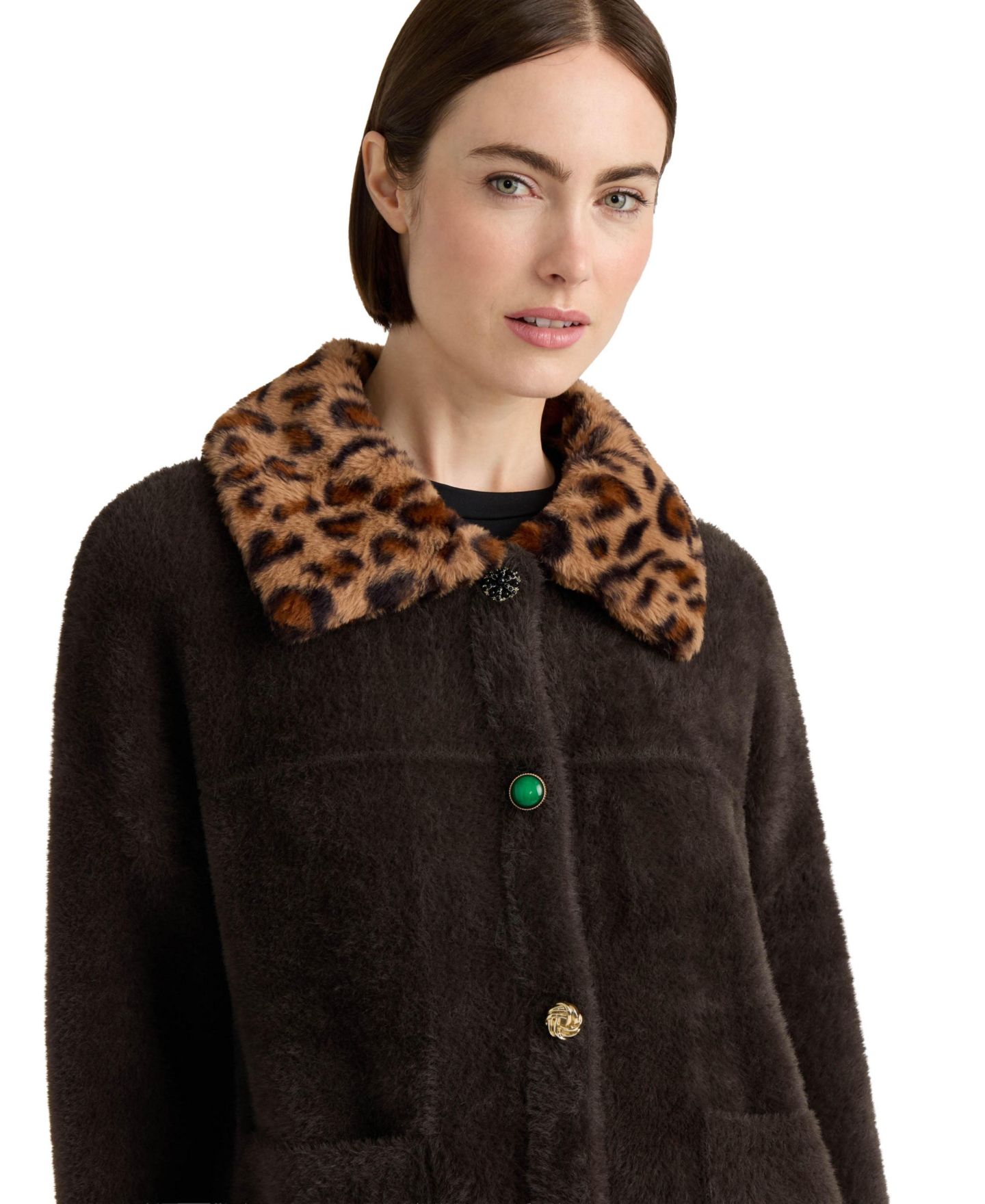 Женские куртки NVLT Eyelash Cropped Faux Fur Collar Coatigan, цвет: Тёмно-коричневый — фото 4