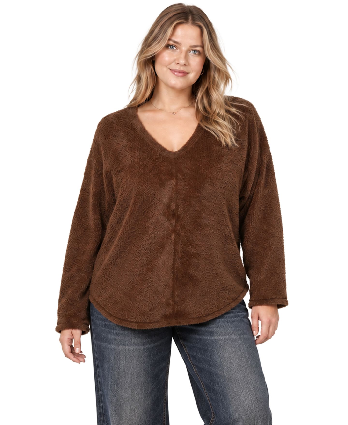 Женский топ COIN 1804 Plus Size Cozy Rib V Neck, цвет: Шоколадный — фото 1