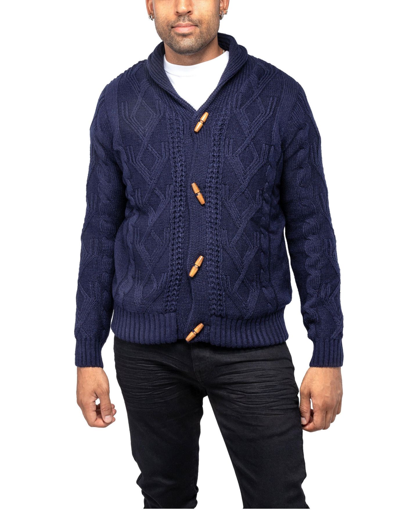 Мужской кардиган XRAY Faux Shearling-Lined Shawl Collar Cable-Knit, цвет: Тёмно-синий — фото 3