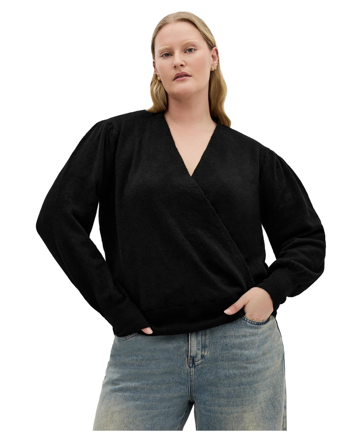 City Chic Women's V-Neck Faux Wrap Long Sleeve Knit Sweater - Black