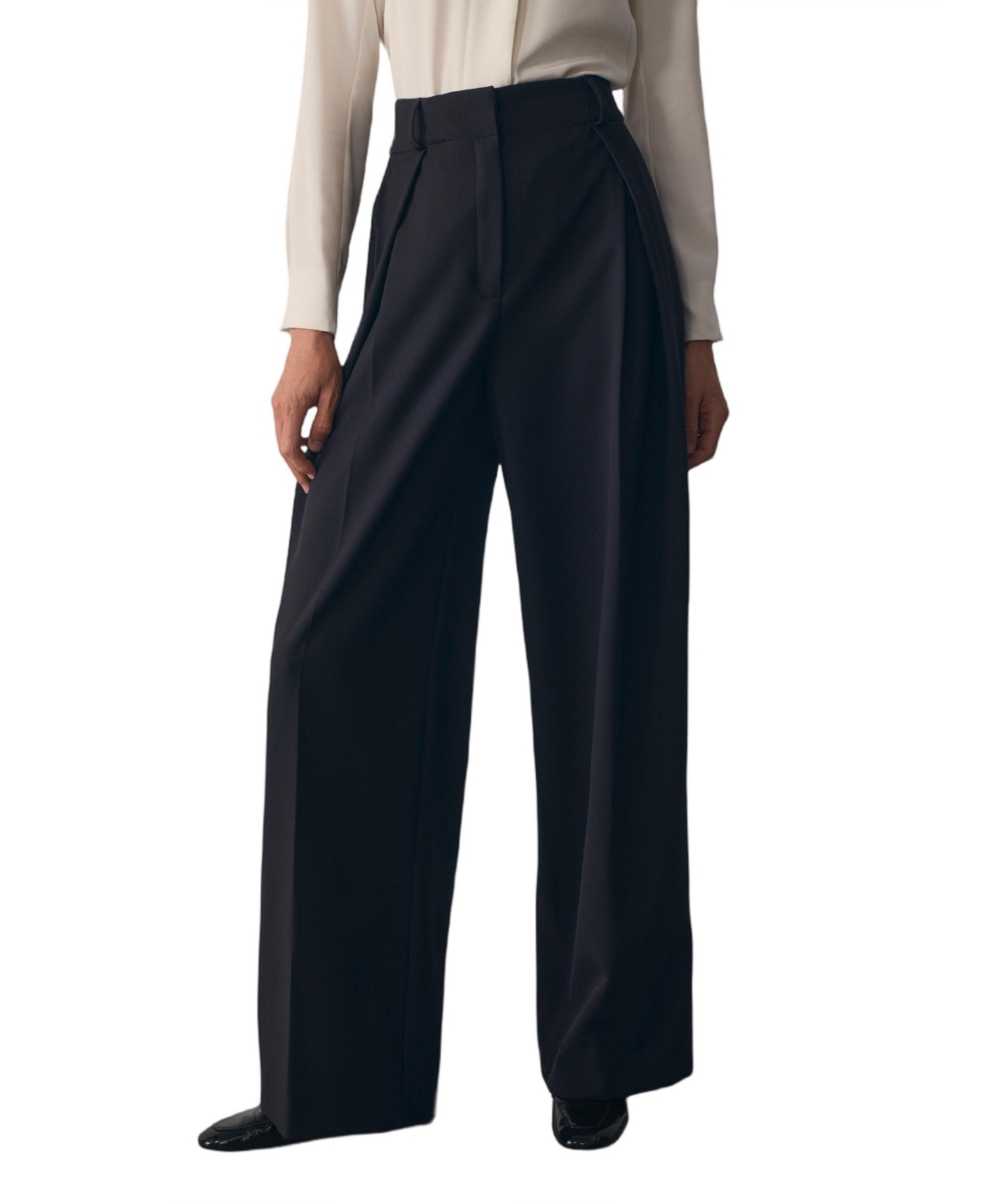 The Fold Women's Cortona Pleated High-Waisted Wide-Leg Wool-Blend Trousers - Navy