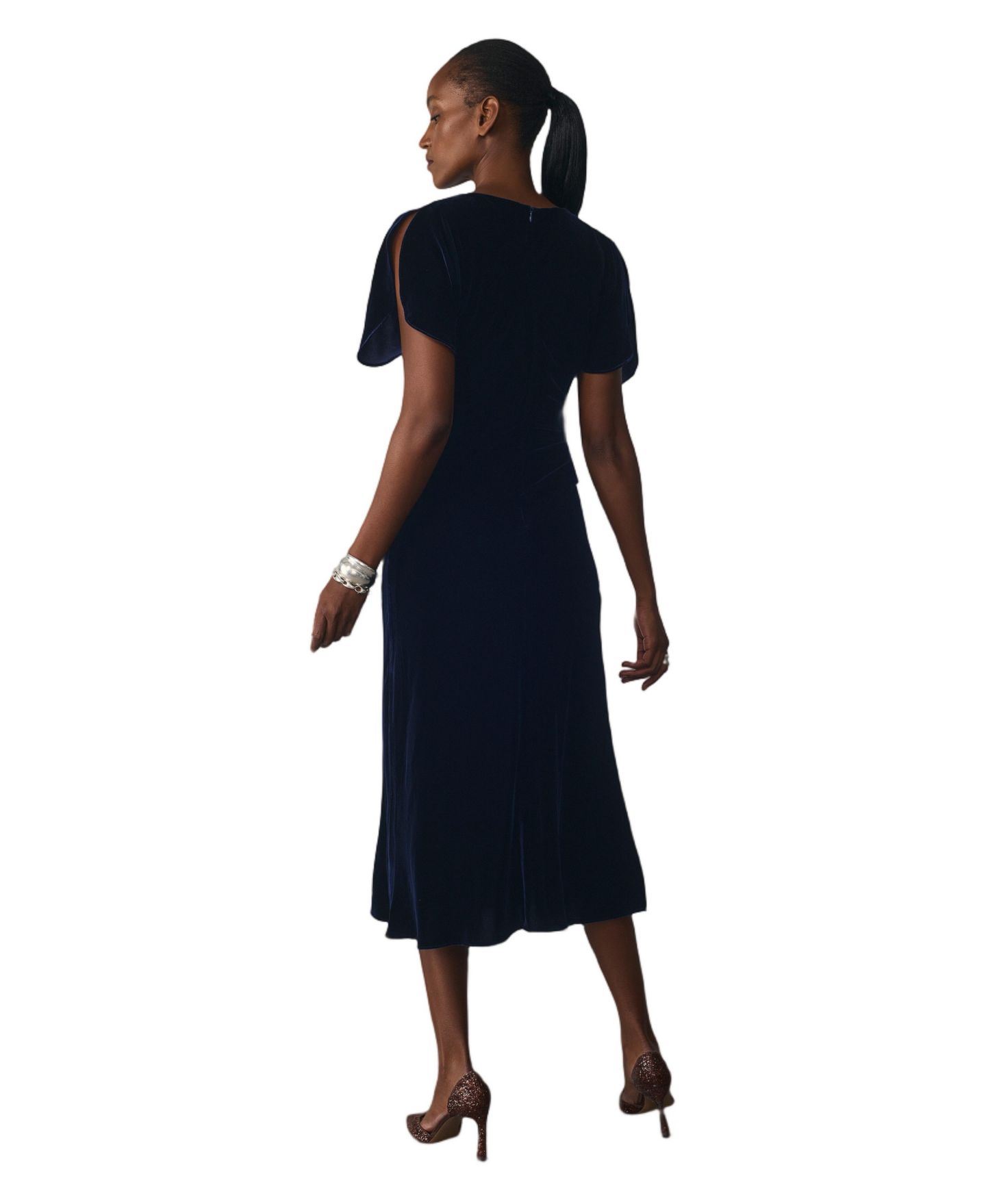 Женское платье The Fold Salerno Velvet A-Line Ruched Midi, цвет: Тёмно-синий — фото 3