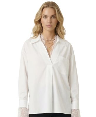 Women's Lace Trim Collared V-Neck Popover Blouse