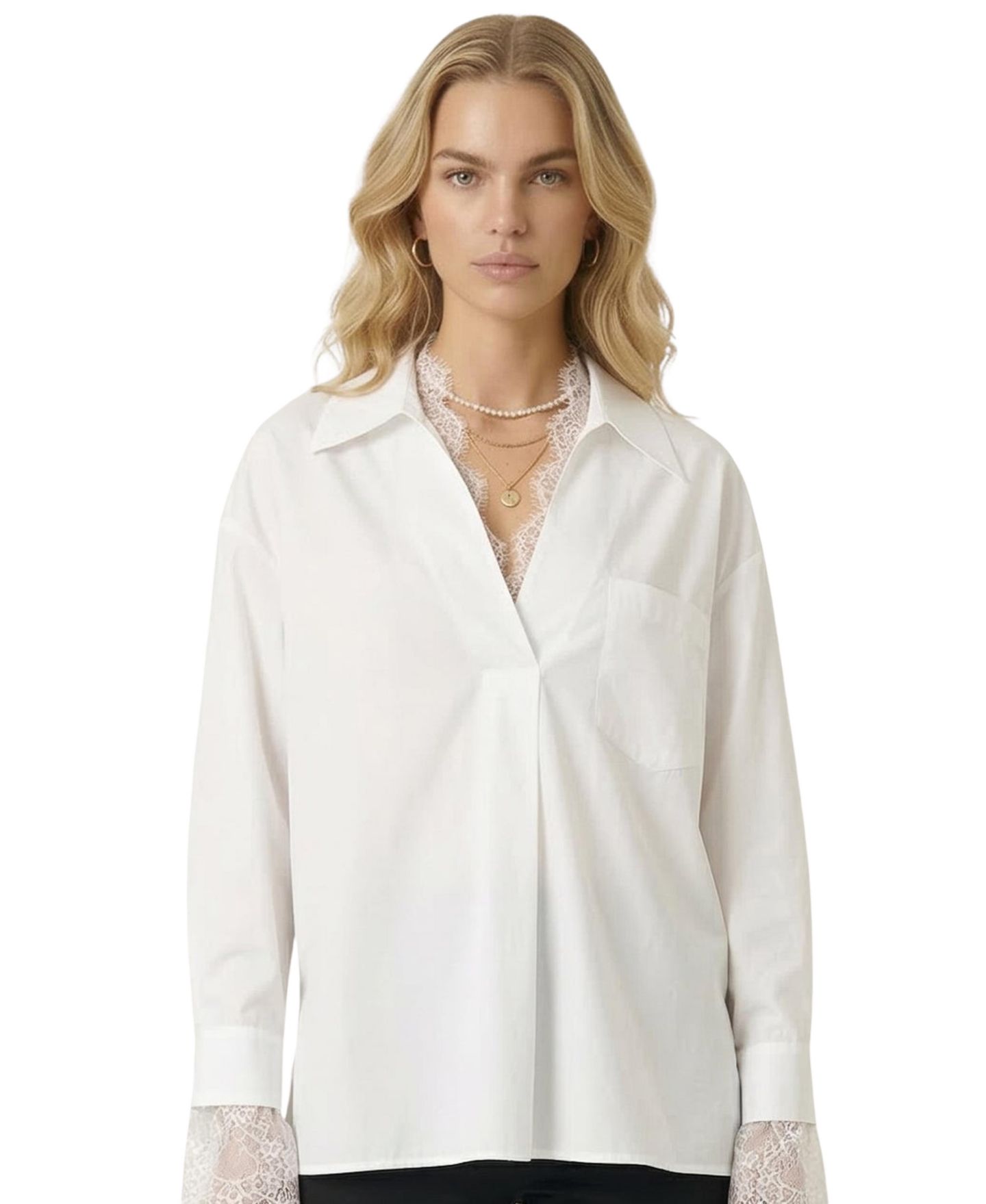 Женская блузка Modenaire Lace Trim Collared V-Neck Popover, цвет: Белый — фото 1