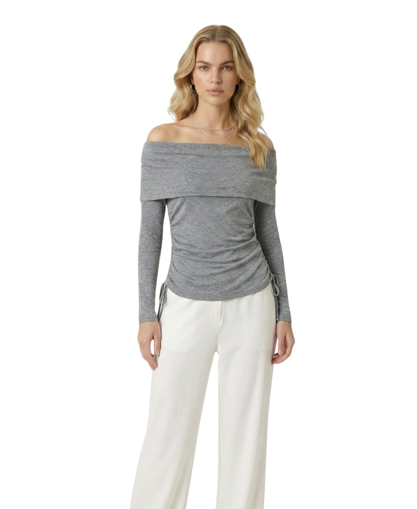 Женский топ Modenaire Off-Shoulder Long-Sleeve Ruched, цвет: Меланжевый серый — фото 6