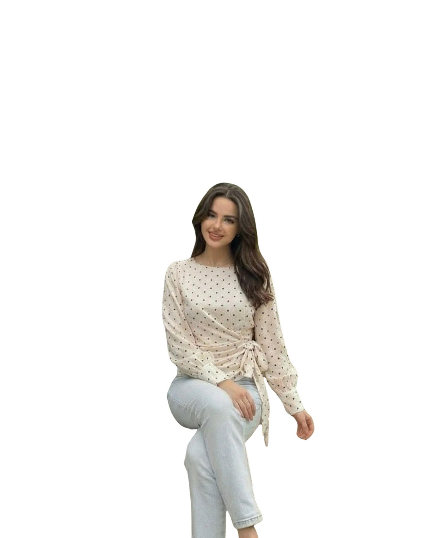 Женский топ Modenaire Polka Dot Wrap Side-Tie Boat Neck Long-Sleeve — фото 9