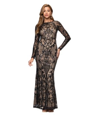 Women's Sequin Long-Sleeve Boat Neck Gown