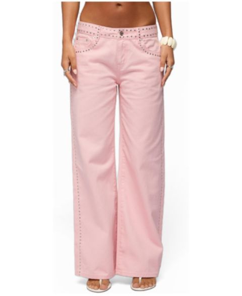 Женские джинсы Edikted Quincy Studded Low Rise Baggy, цвет: Светлый розовый