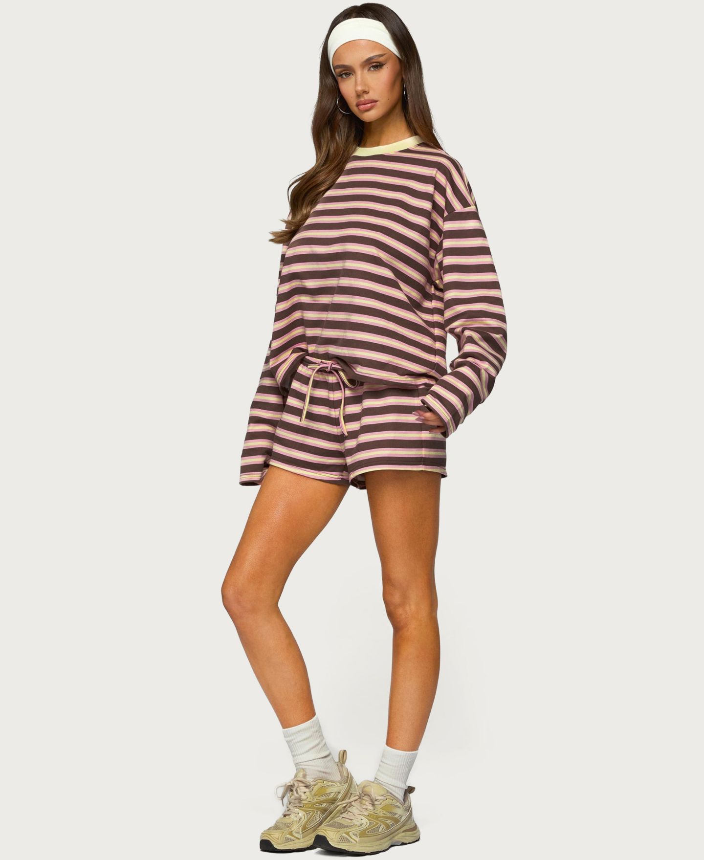 Женская футболка Edikted Blanchy Striped Long-Sleeve, цвет: Розовый коричневый — фото 2
