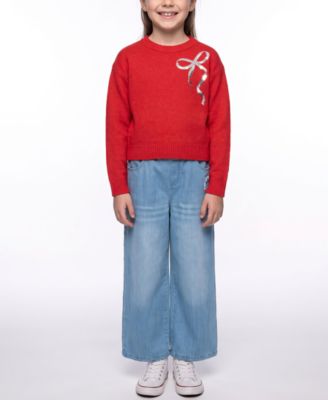 Girls' 7-16 Long-Sleeve Crewneck Sequin-Bow Sweater